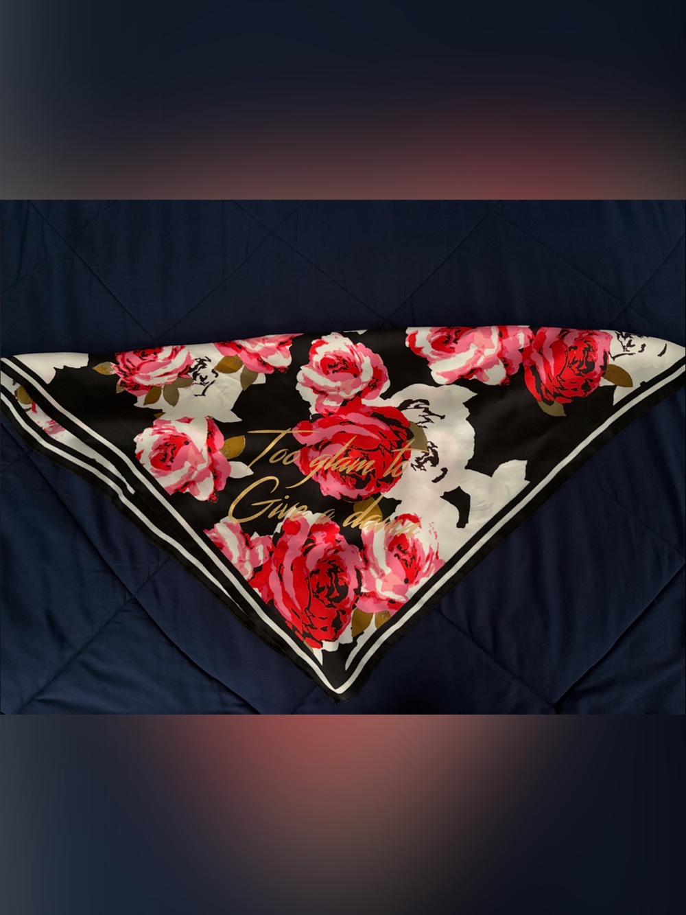 Express Black Floral Silk Scarf with Pink & Red Roses